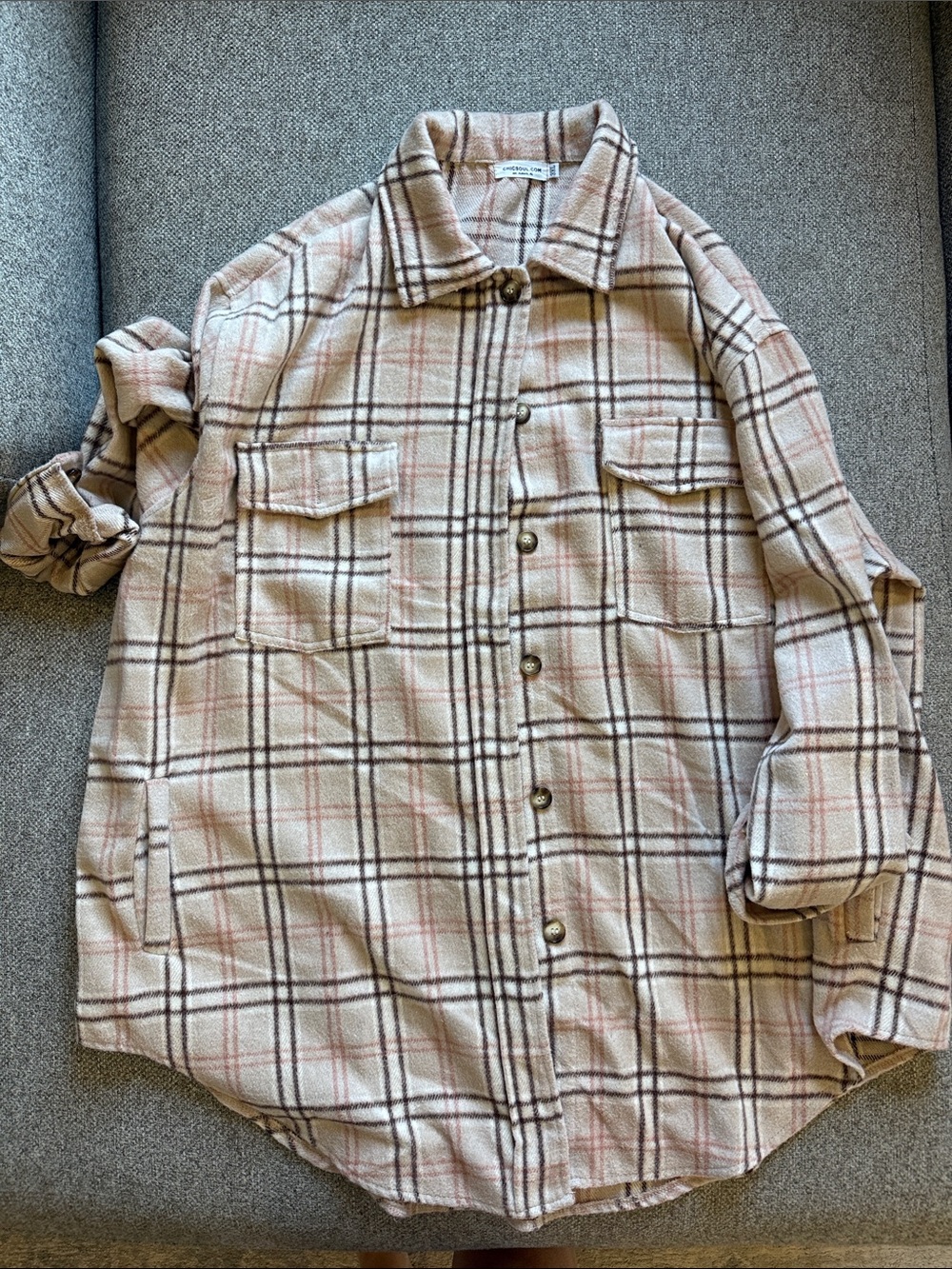 Women's Plaid Button-Down Shirt Jacket - Beige & Pink